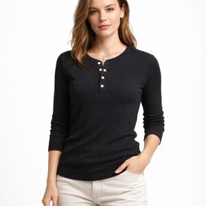 Lauren ($130) Ralph Lauren LRL Black Ribbed Henley Top Button Front 3/4 Sleeve